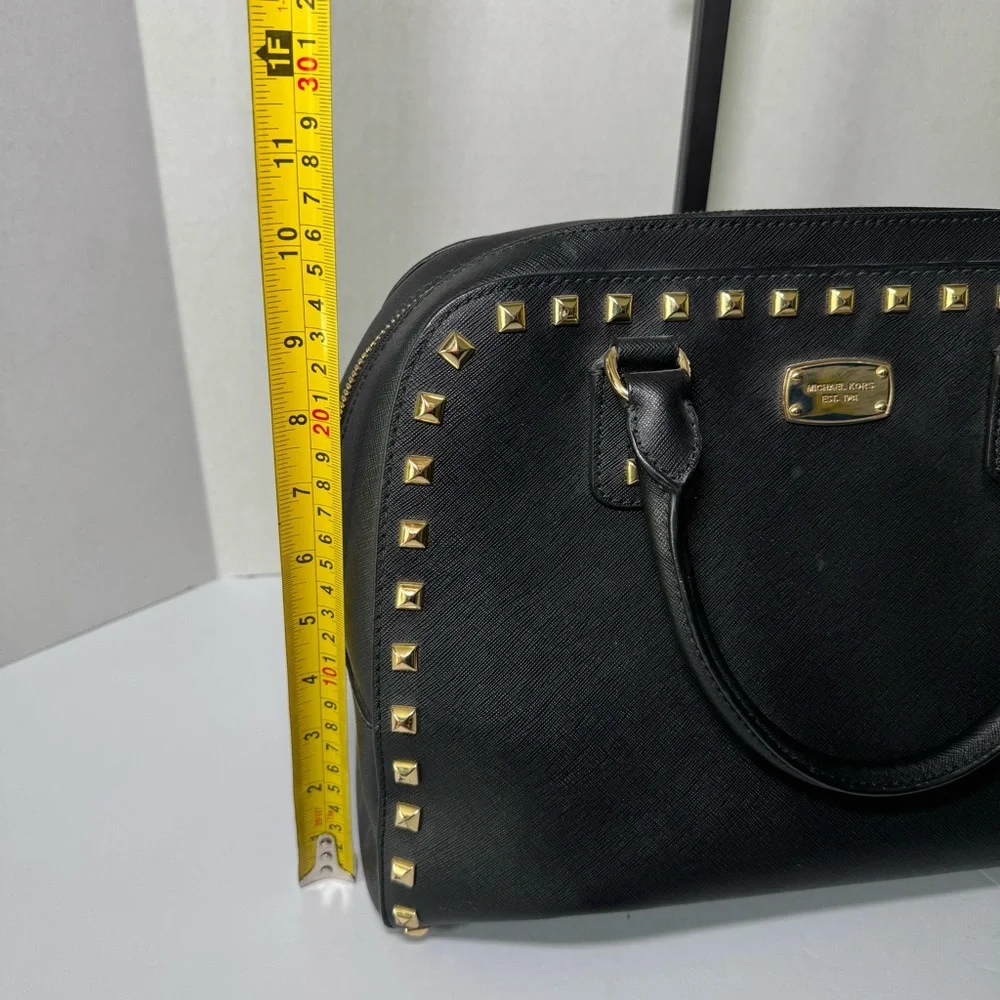 Michael Kors Sandrine Studded Satchel in Black Saffiano Leather w/ Gold Hardware